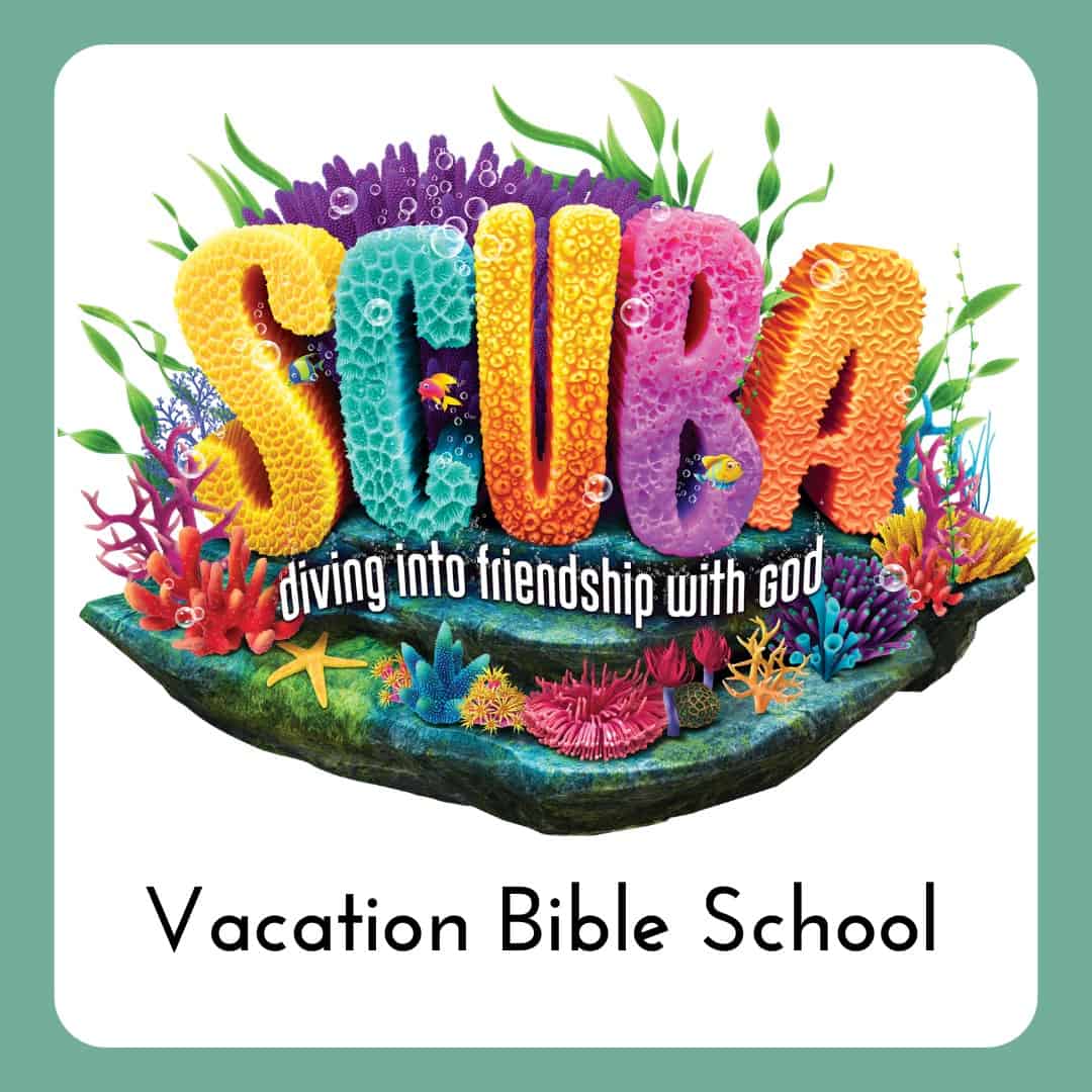 vacation Bible School with Scuba VBS logo, a colorful coral reef illustration